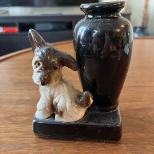 Vintage Ceramic Dog Figurine with Bud Vase - Brown & Cream